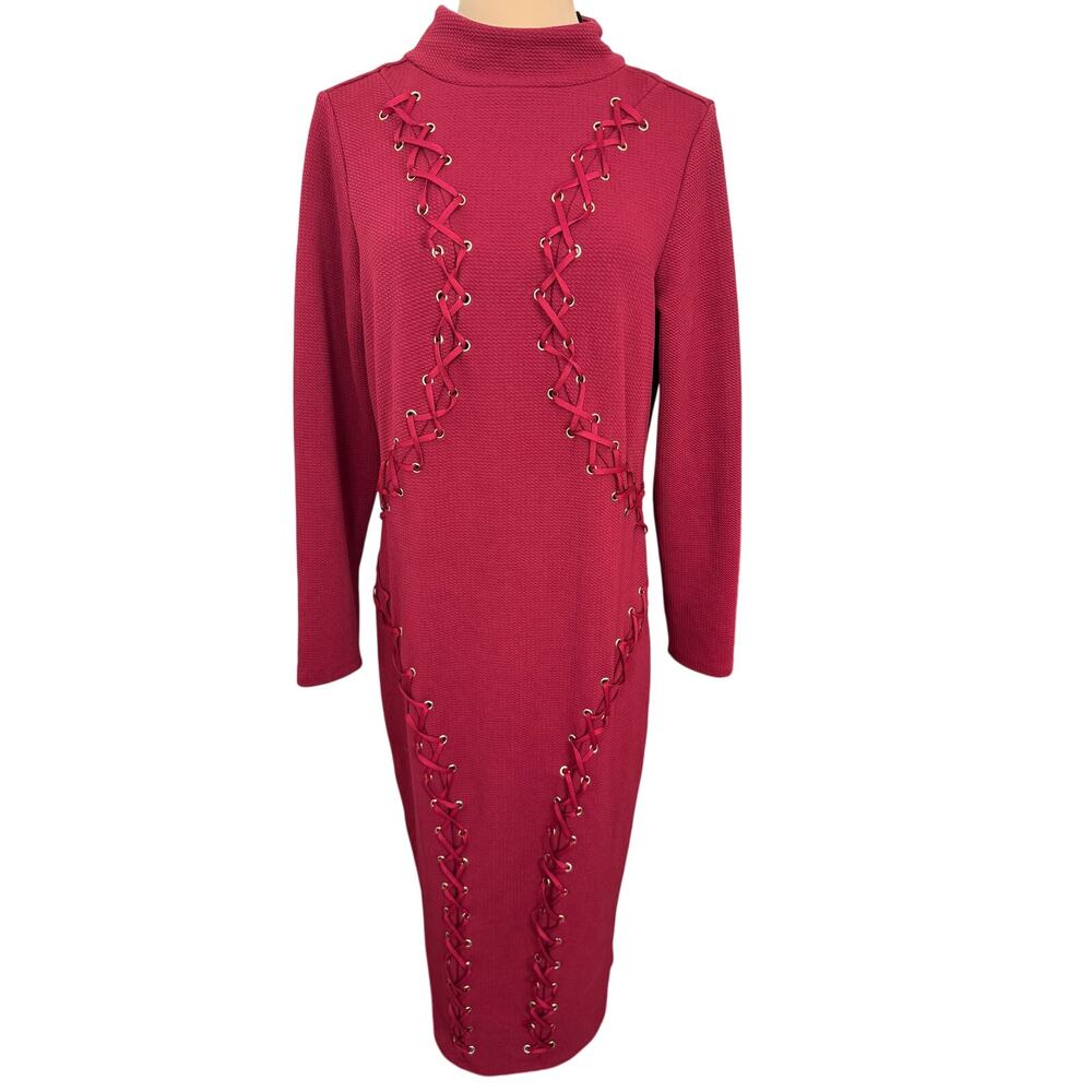 Ashley Stewart Burgundy Lace-Up Midi Bodycon Dress Size 12 sexy